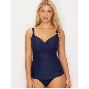 NWT Miraclesuit Sz 36 DDD Midnight Blue Solid Surplice Tankini Top Underwire